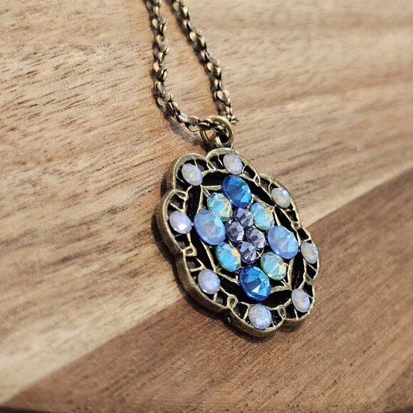 VTG‎ Signed ANNE KOPLIK PENDANT NECKLACE Blue Rhinestone Aqua Teal 18" USA Made - Picture 3 of 11